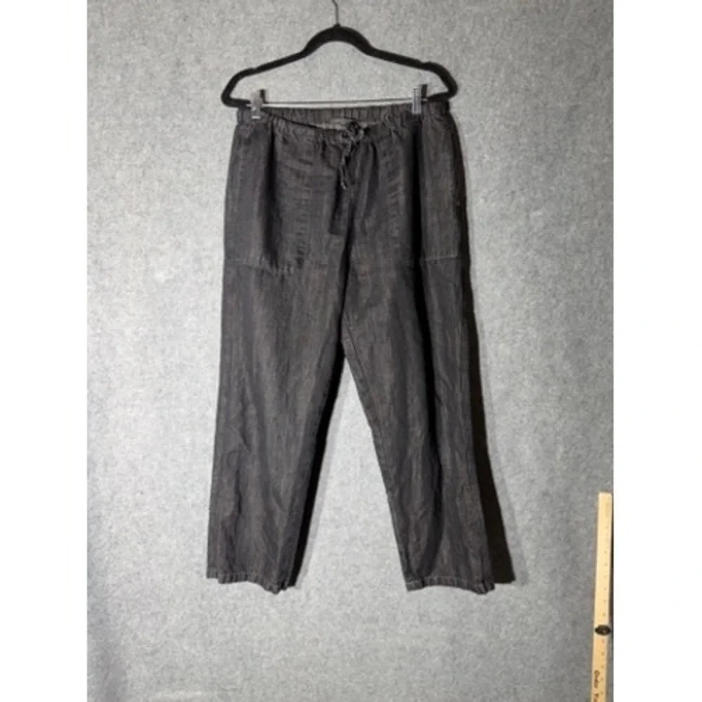 Zara Women Dark denim Linen Blend Wide Leg Elastic Waist Drawstring Pants Large